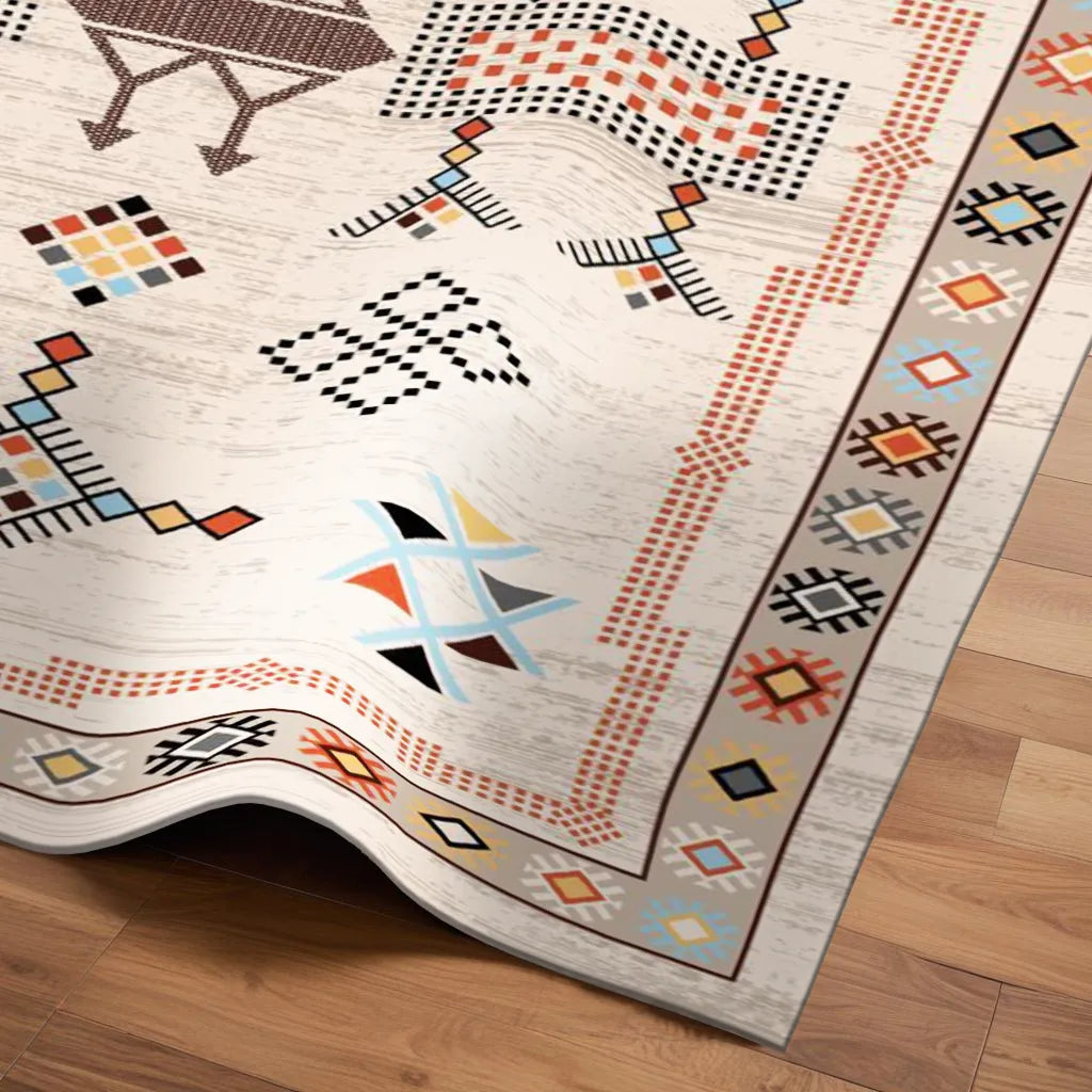 Earth-Tone Rug with Symmetrical Geometric and Stylized Floral Patterns