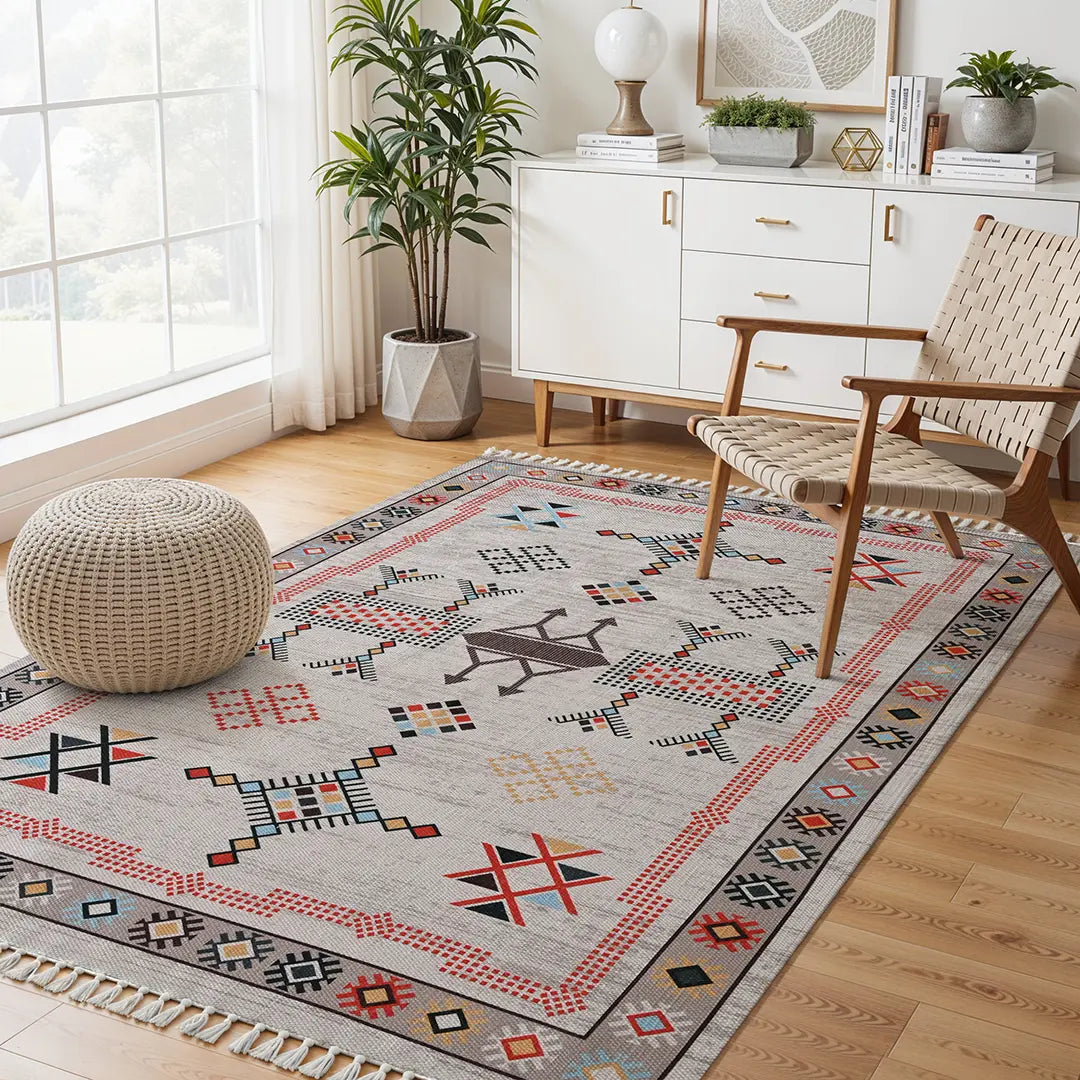 Earth-Tone Rug with Symmetrical Geometric and Stylized Floral Patterns