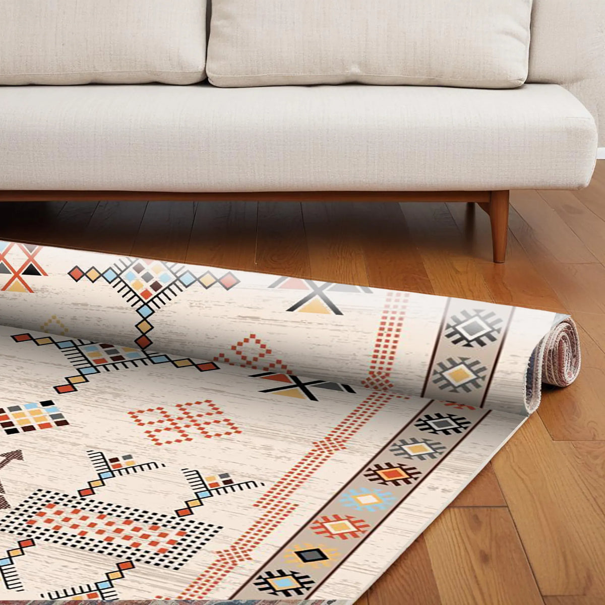 Earth-Tone Rug with Geometric and Stylized Floral Patterns