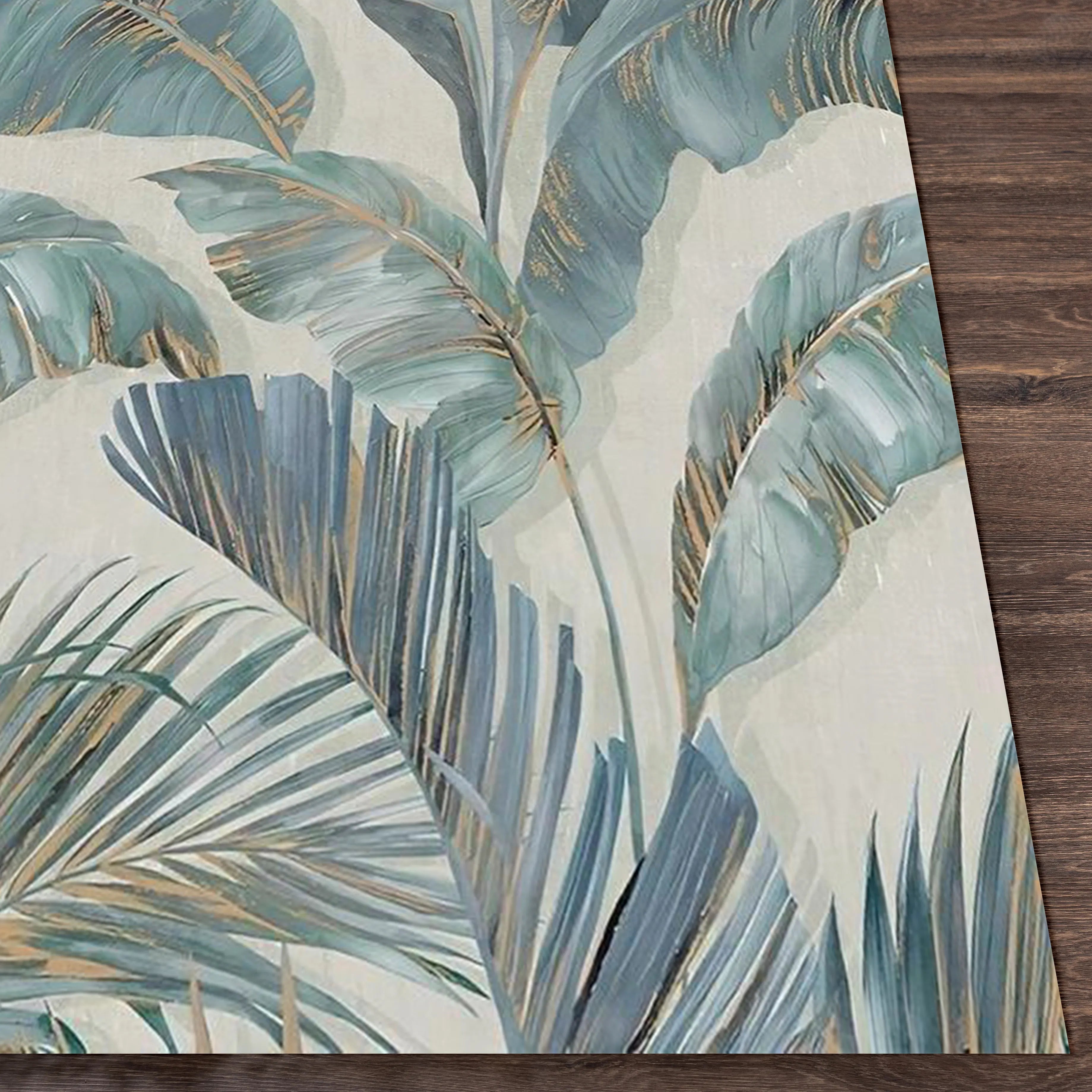 Digital Printed Rug with Muted Teal and Pale Gold Leaf Design