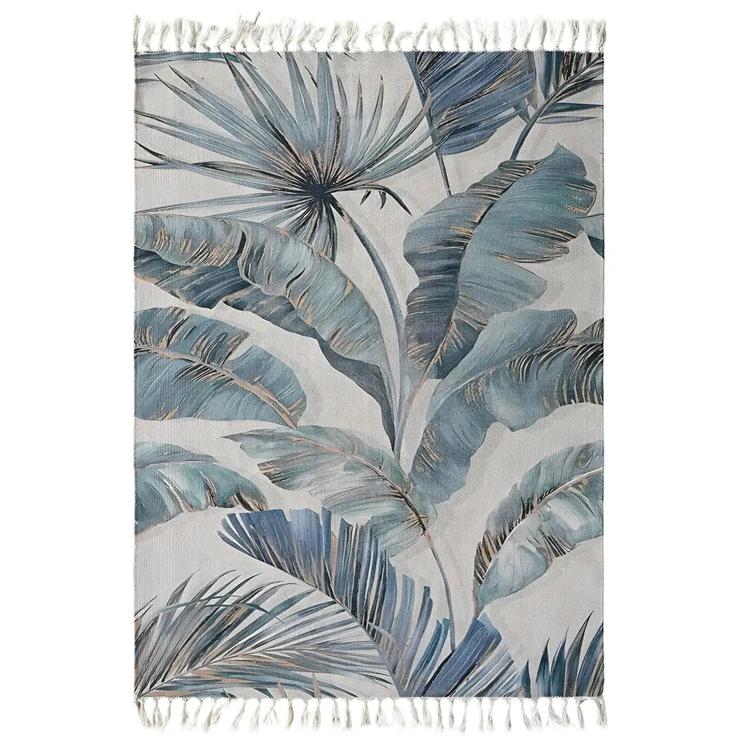 Digital Printed Rug with Muted Teal and Pale Gold Leaf Design
