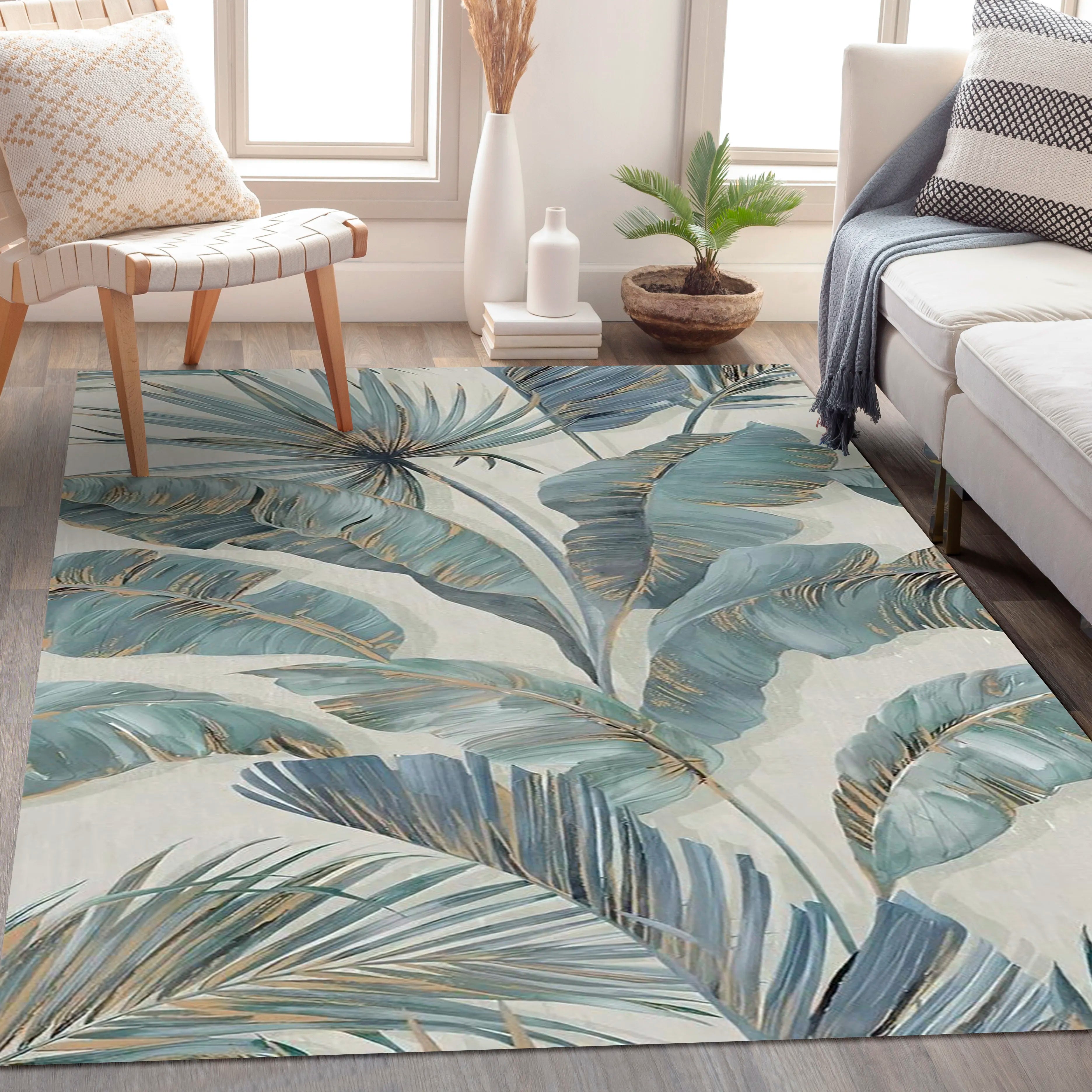Digital Printed Rug with Muted Teal and Pale Gold Leaf Design