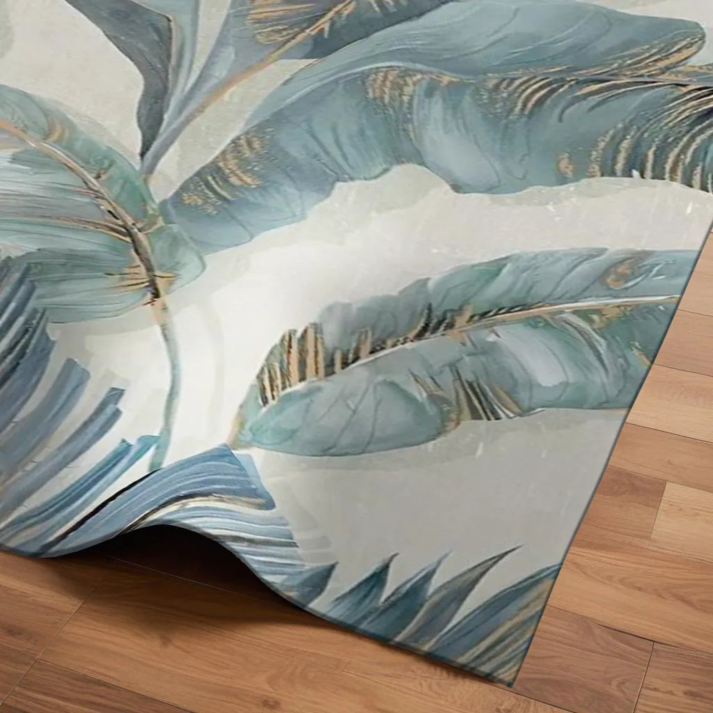 Digital Printed Rug with Muted Teal and Pale Gold Leaf Design