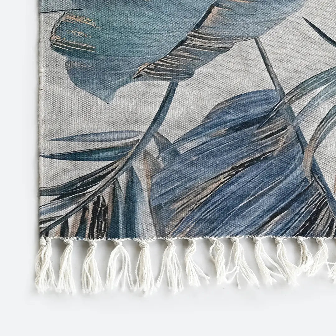 Digital Printed Rug with Muted Teal and Pale Gold Leaf Design