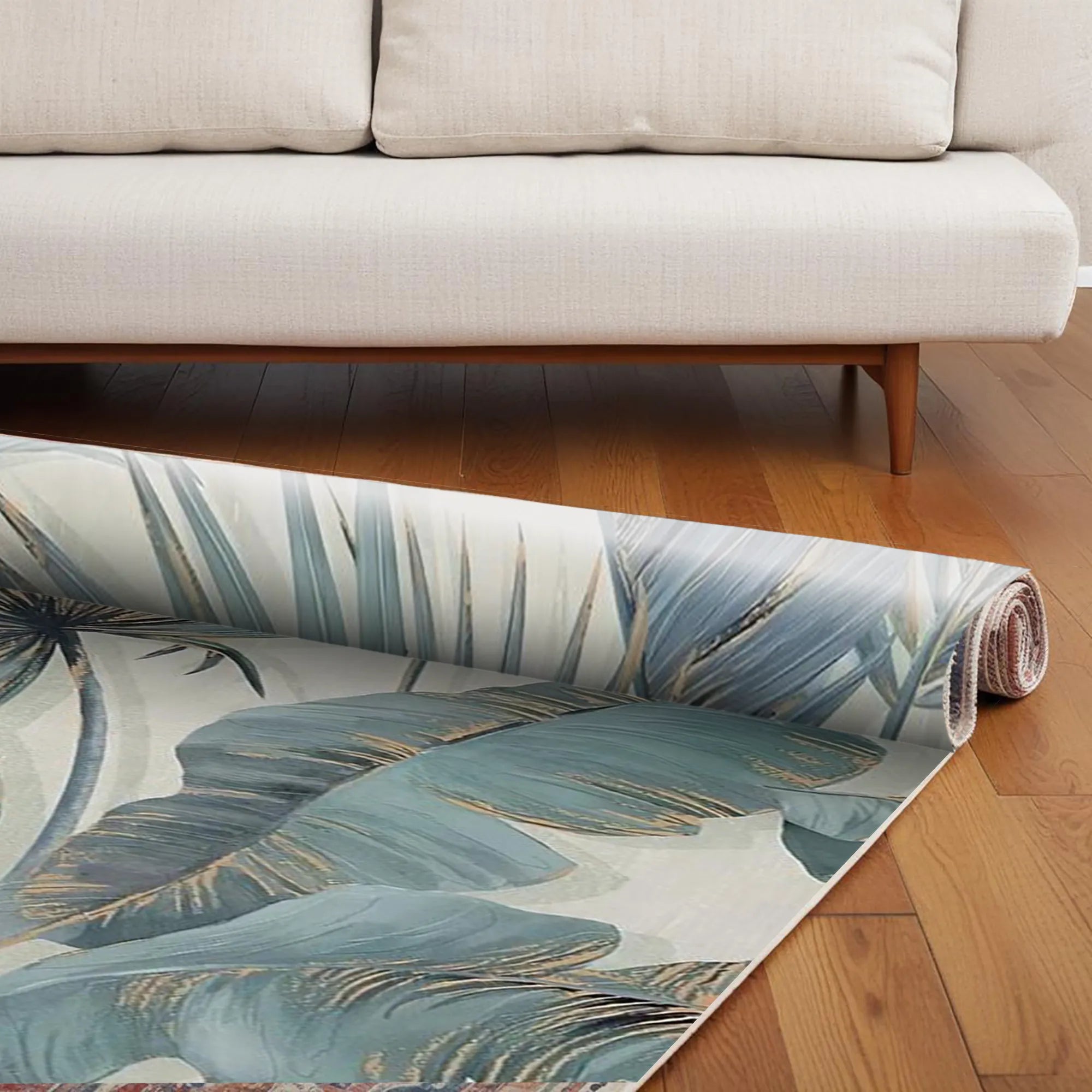 Digital Printed Rug with Muted Teal and Pale Gold Leaf Design