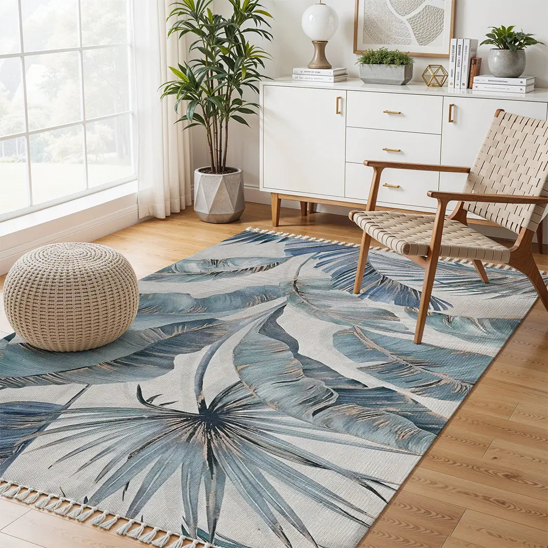 Digital Printed Rug with Muted Teal and Pale Gold Leaf Design