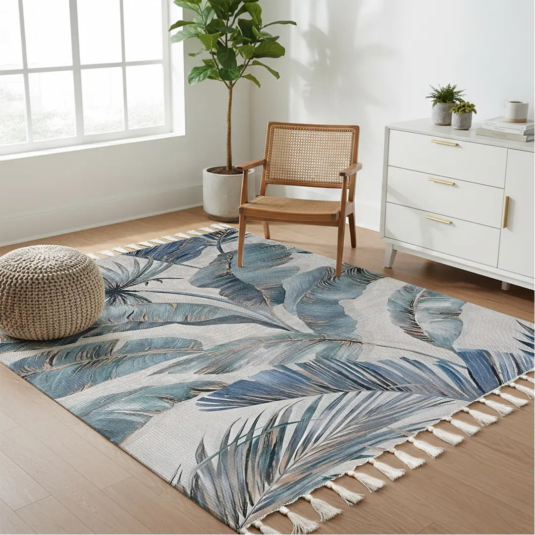 Digital Printed Rug with Muted Teal and Pale Gold Leaf Design