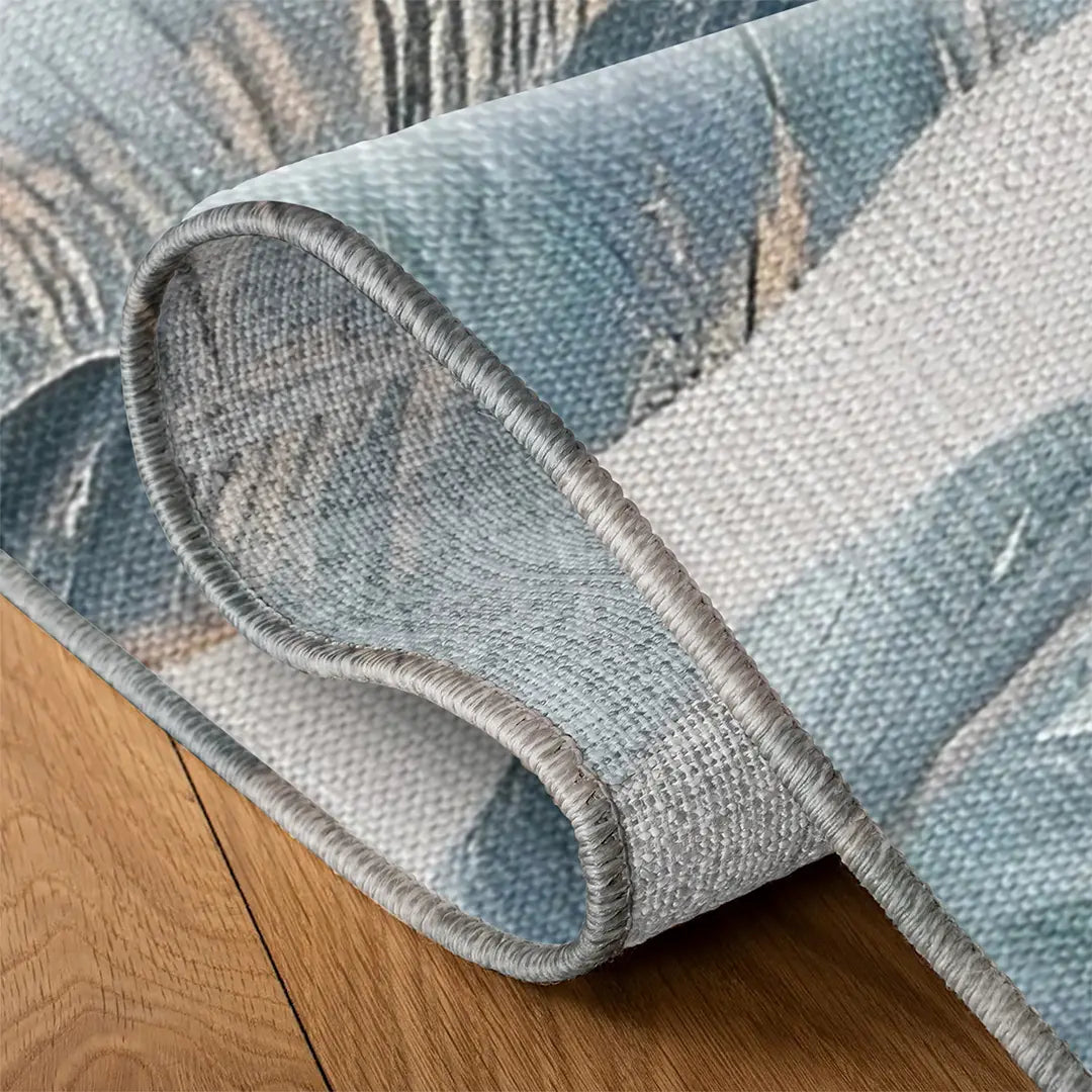 Digital Printed Rug with Muted Teal and Pale Gold Leaf Design