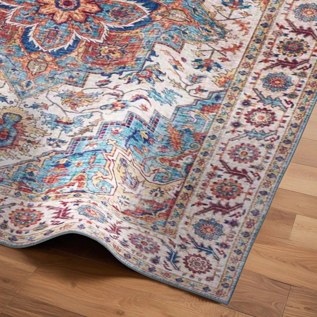 Digital Printed Rug with Central Floral Medallion in Classic Vintage Style