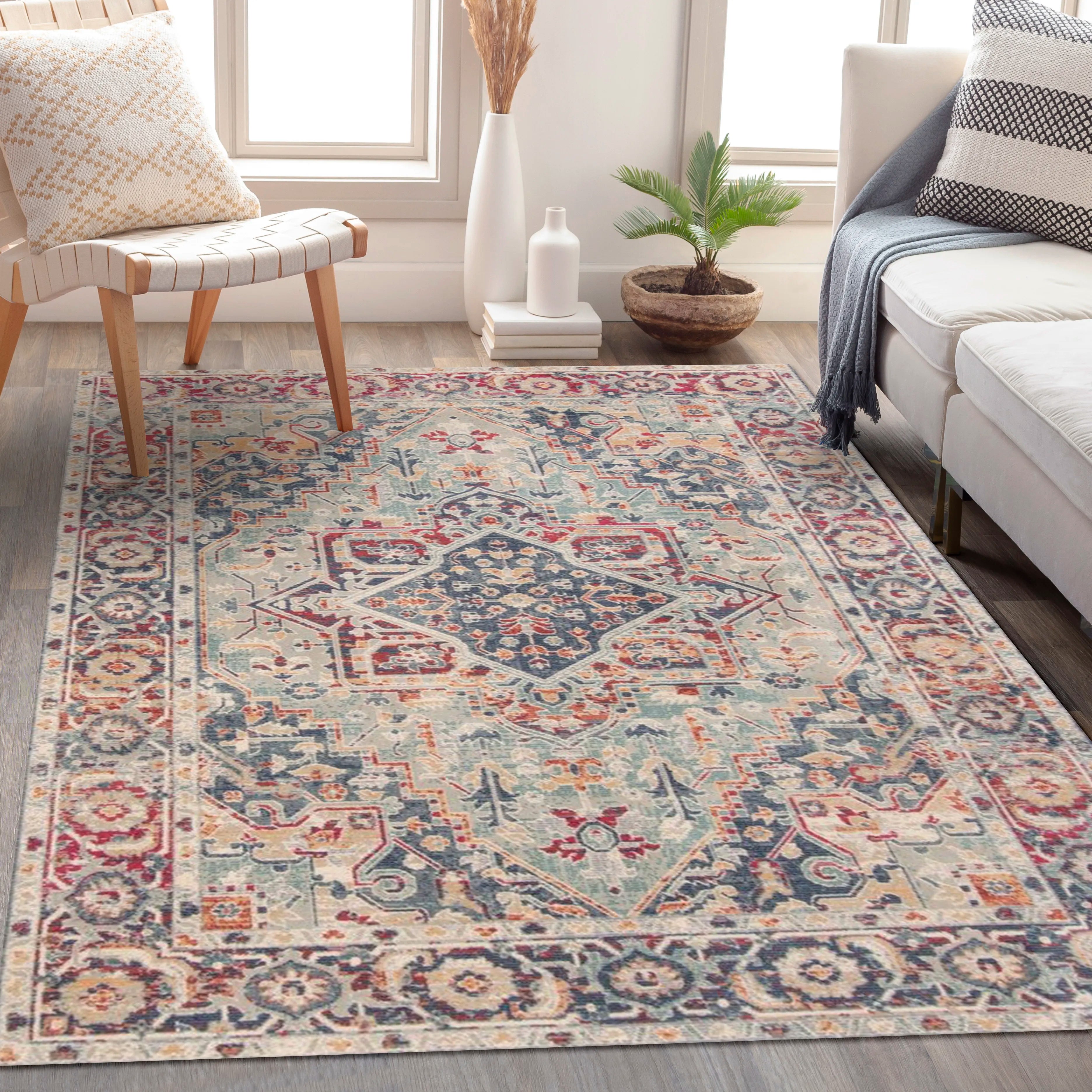 Vintage-Style Digital Printed Rug with Floral and Geometric Designs