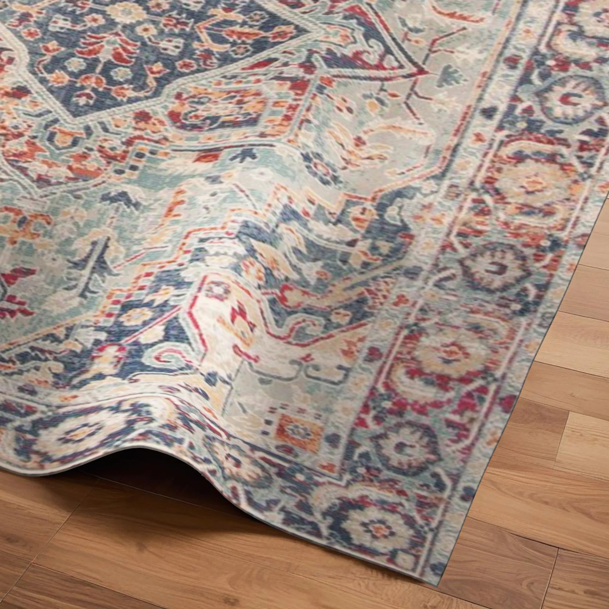 Vintage-Style Digital Printed Rug with Floral and Geometric Designs
