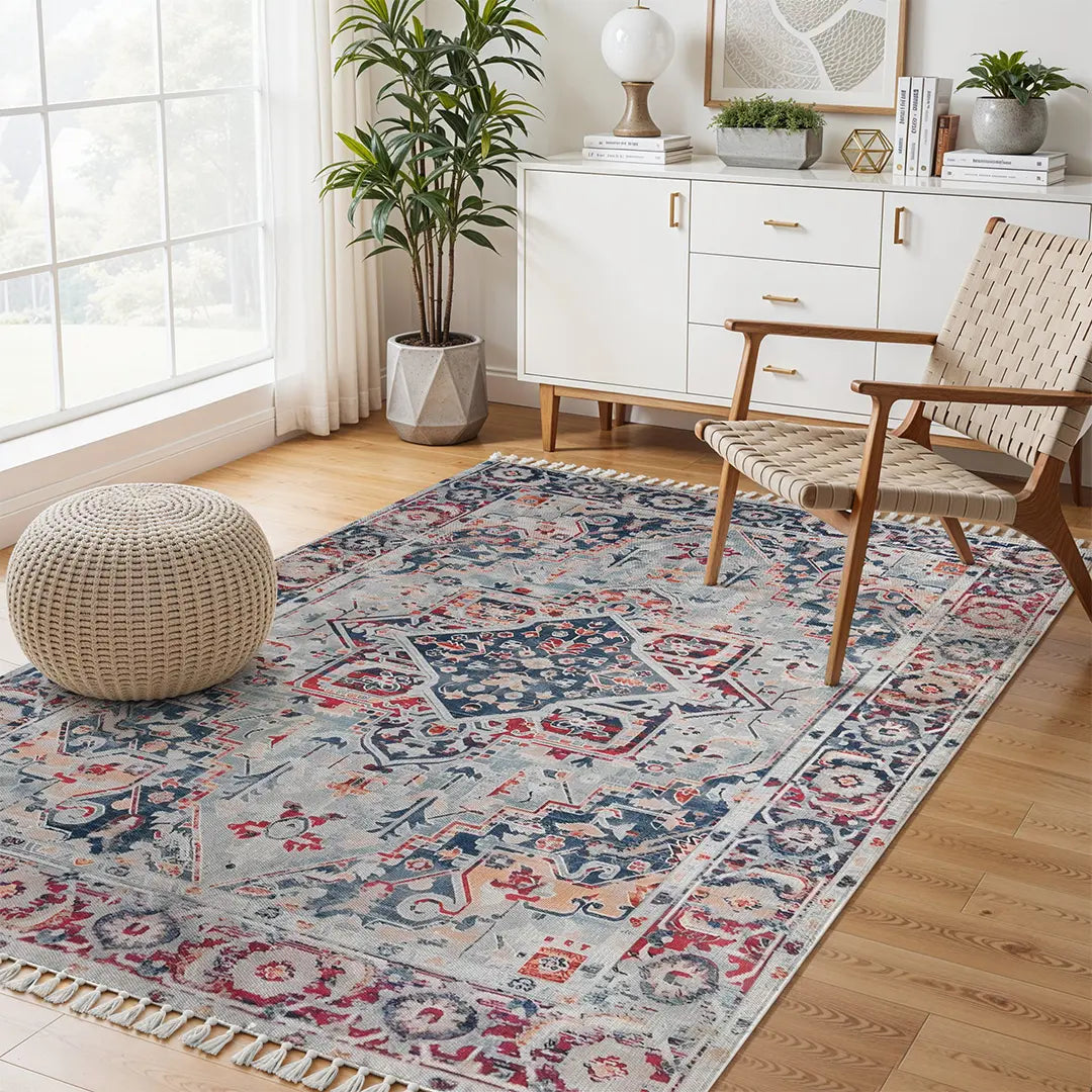 Vintage-Style Digital Printed Rug with Floral and Geometric Designs