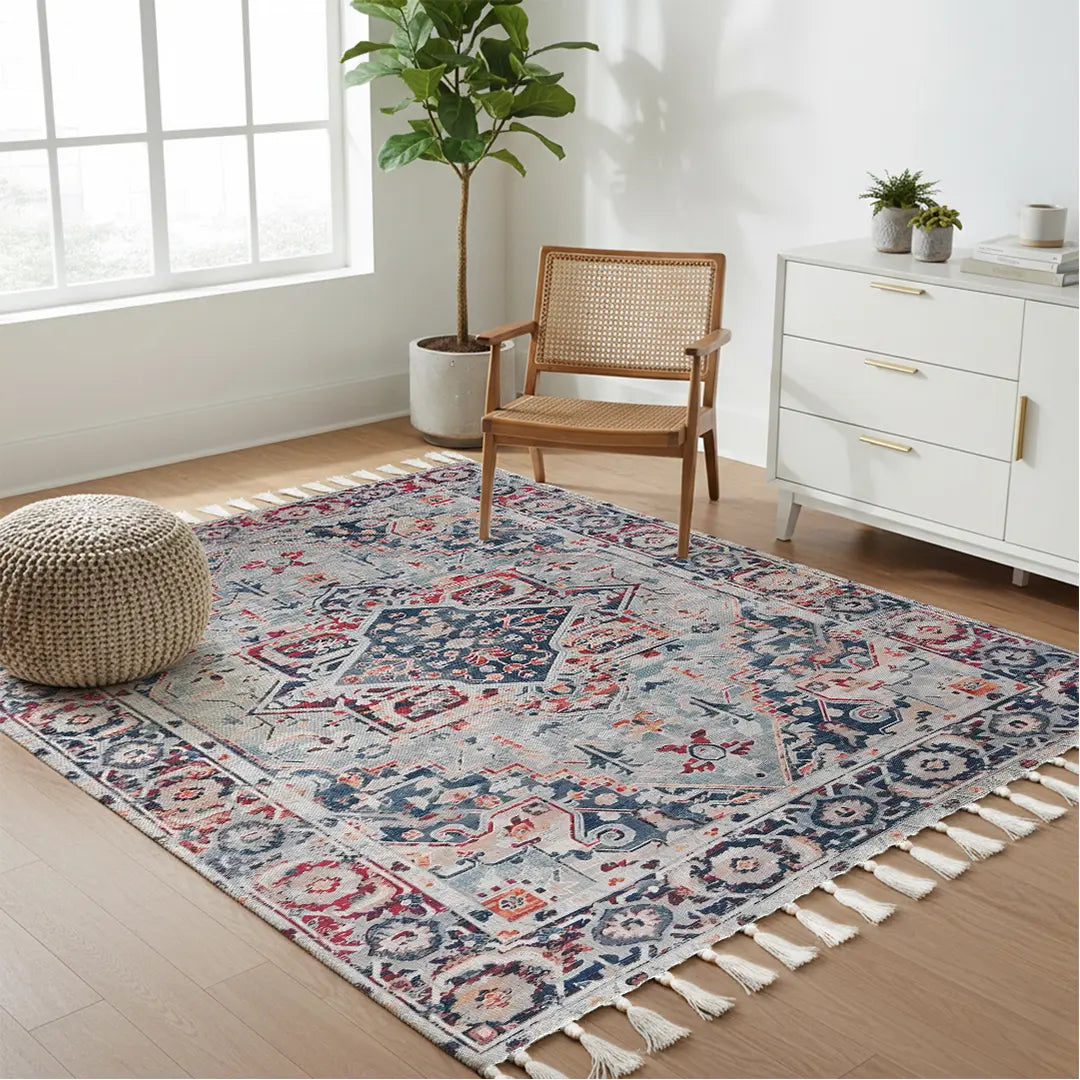 Vintage-Style Digital Printed Rug with Floral and Geometric Designs
