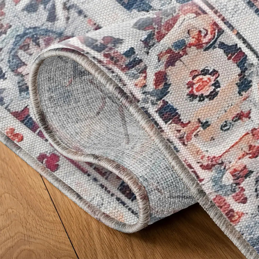 Vintage-Style Digital Printed Rug with Floral and Geometric Designs