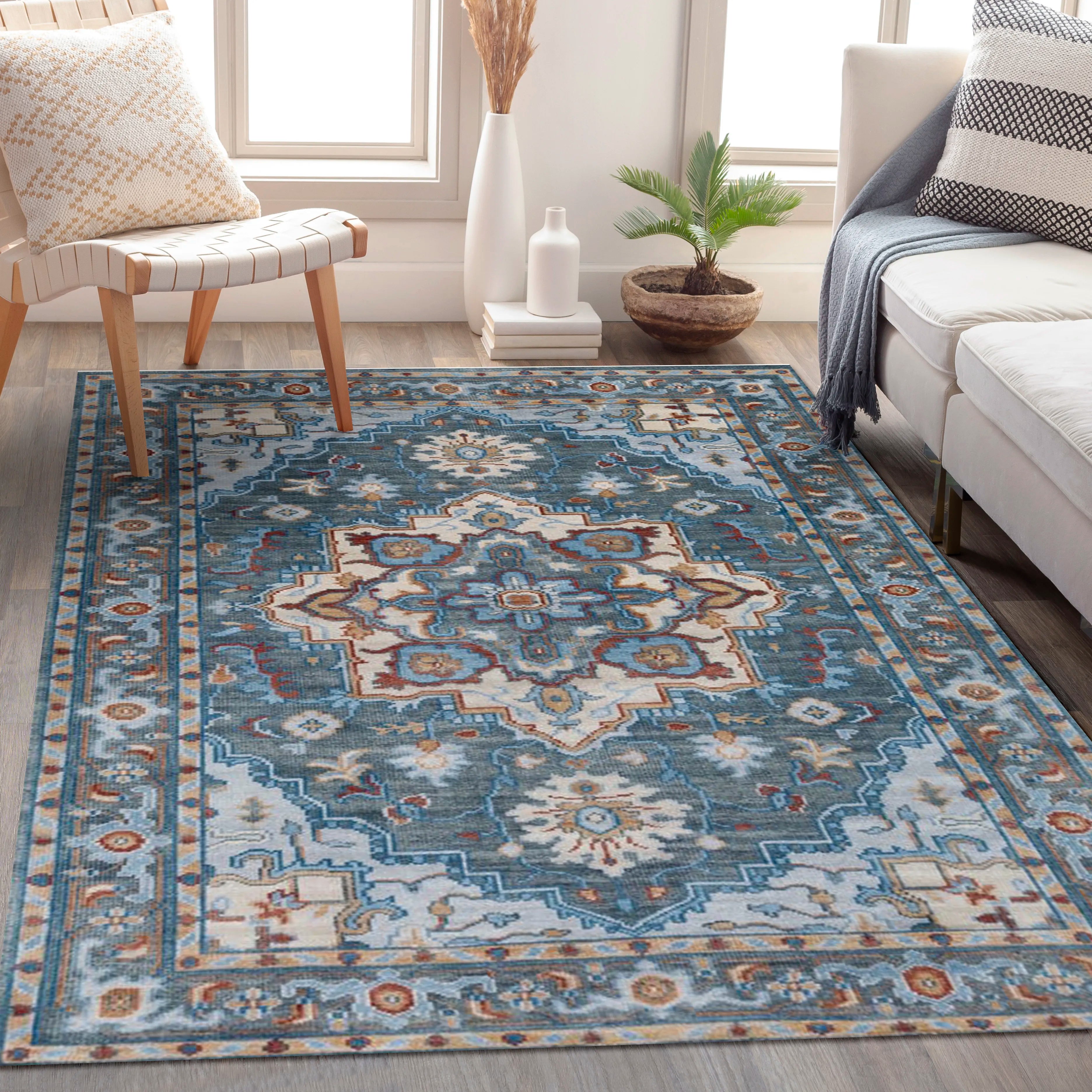 Digital Printed Rug with Classic Central Medallion and Symmetrical Patterns
