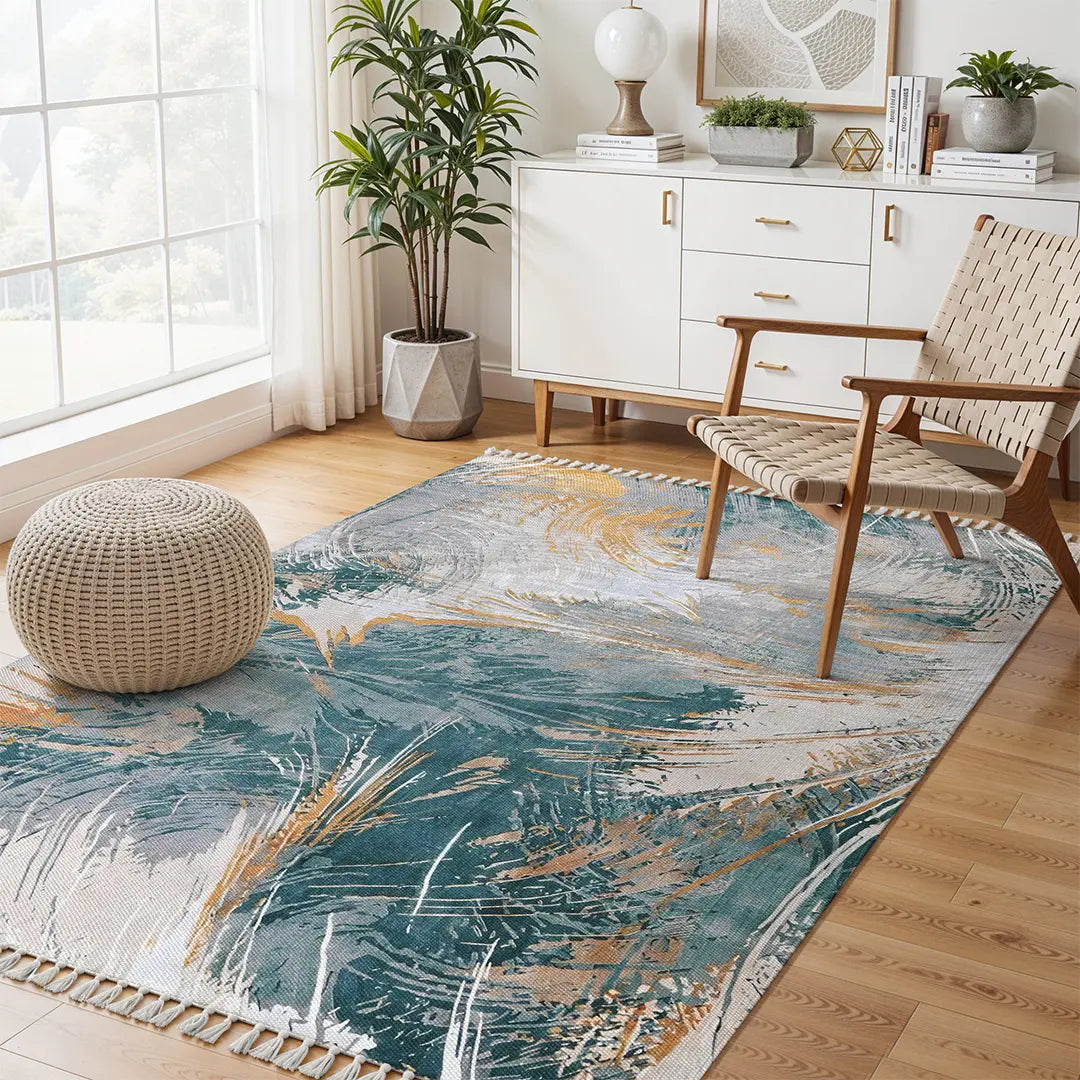 Digital Printed Abstract Rug with Flowing Water-Inspired Patterns