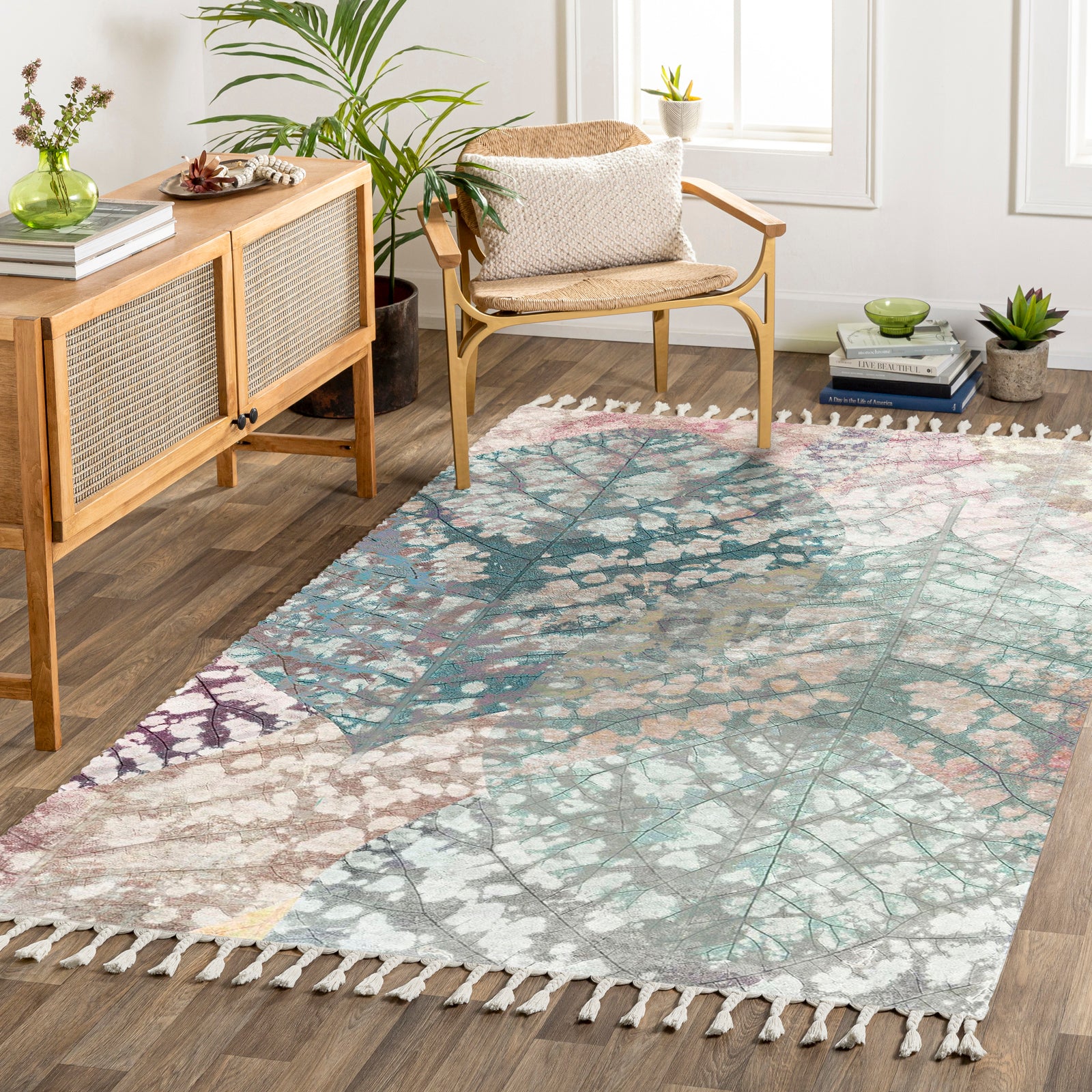 Textured Digital Print Rug Featuring Overlapping Leaf Designs