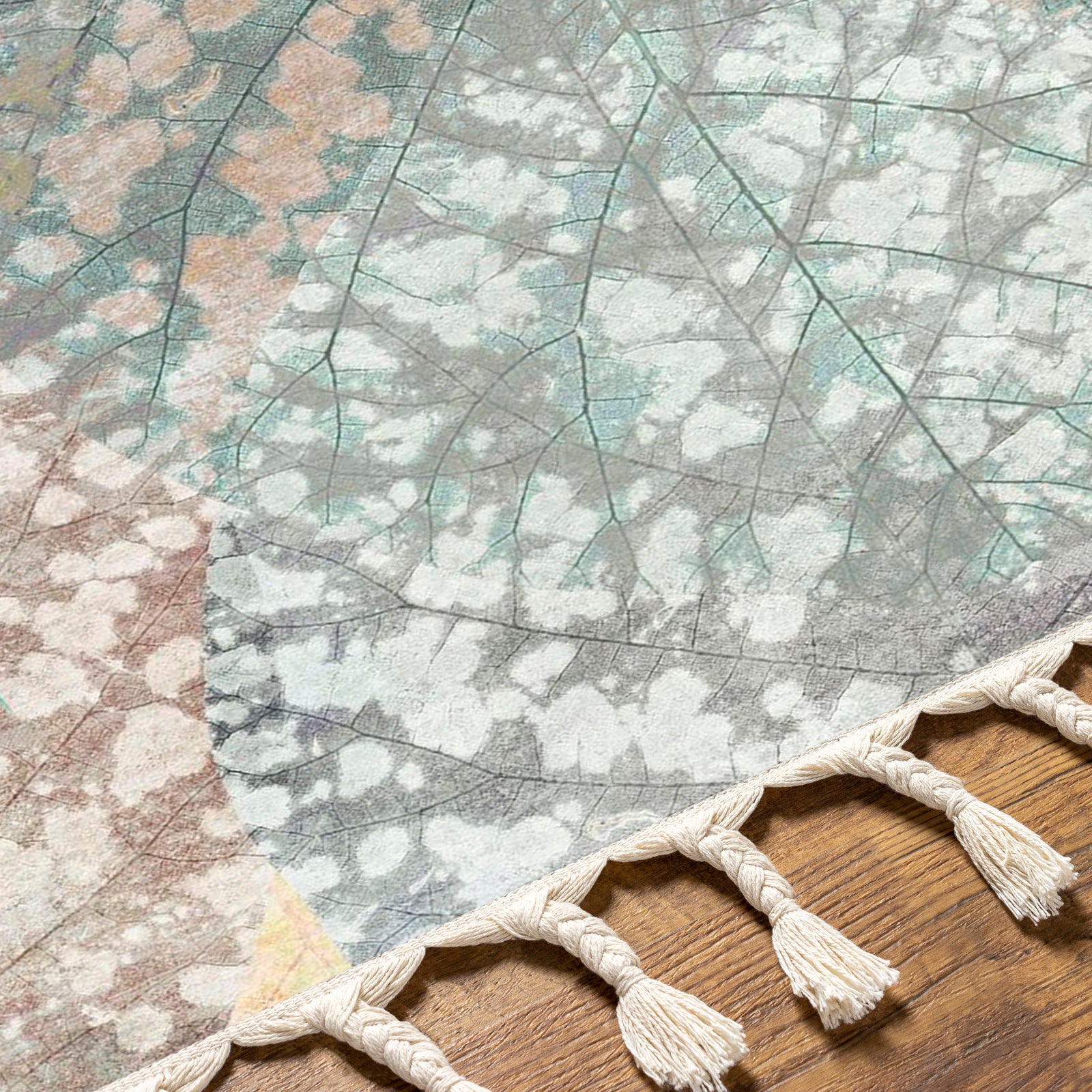 Textured Digital Print Rug Featuring Overlapping Leaf Designs