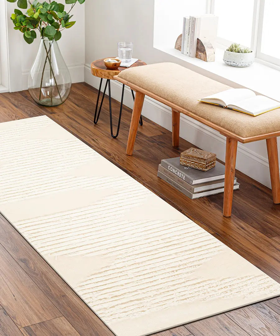 Hand Woven Geometric & Stripes Apache Ivory Wool Rug