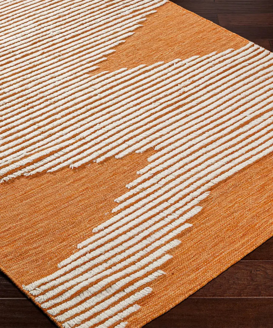 Hand Woven Geometric & Stripes Apache Orange Wool Rug