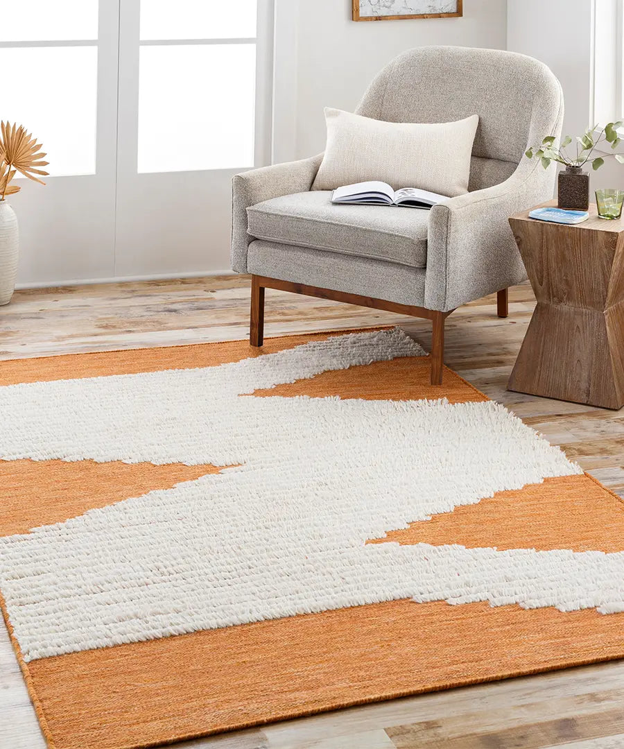 Hand Woven Geometric & Stripes Apache Orange Wool Rug