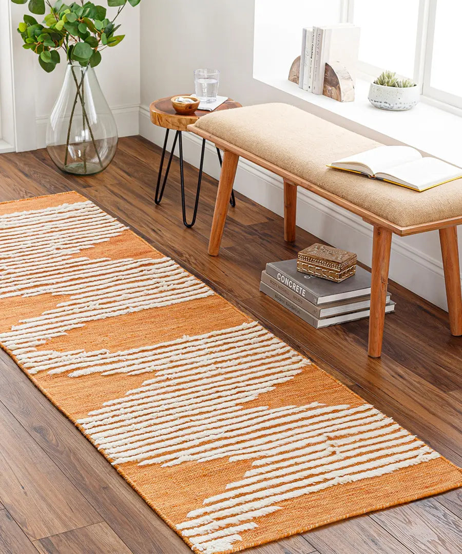 Hand Woven Geometric & Stripes Apache Orange Wool Rug