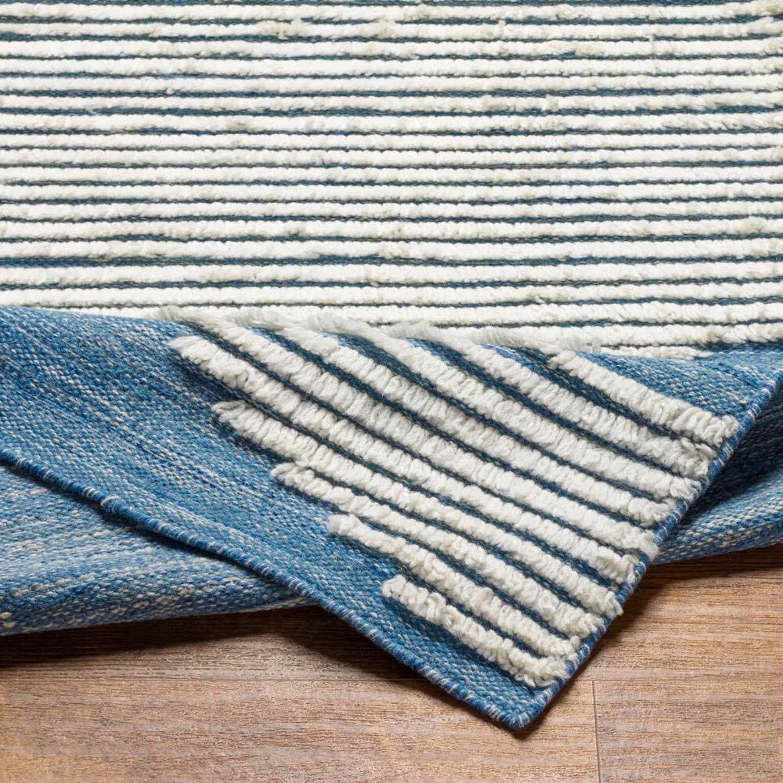 Hand-Woven Apache Cream and Bright Blue Wool Rug