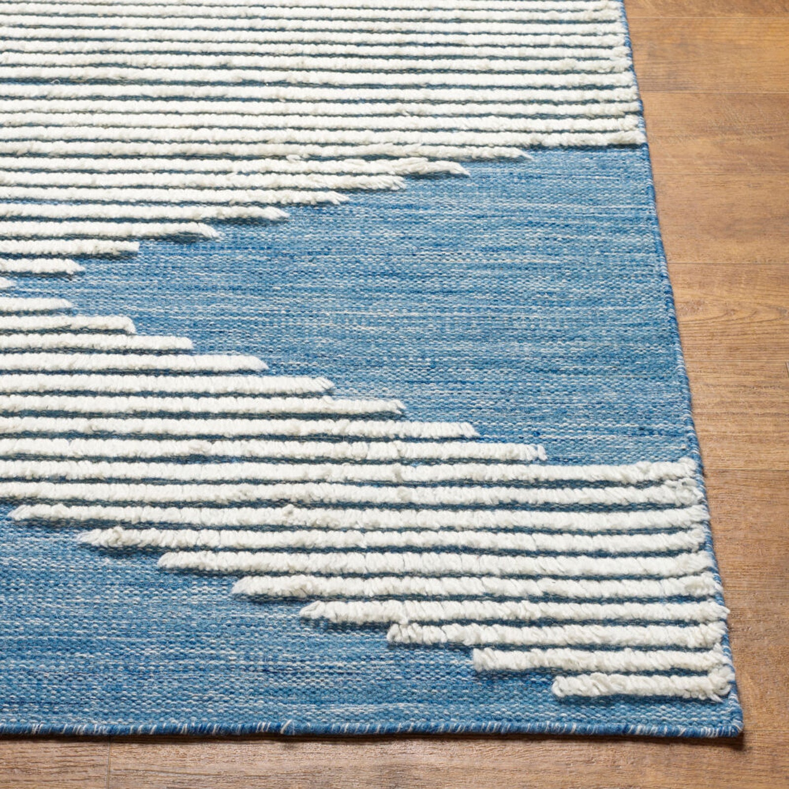 Hand-Woven Apache Cream and Bright Blue Wool Rug