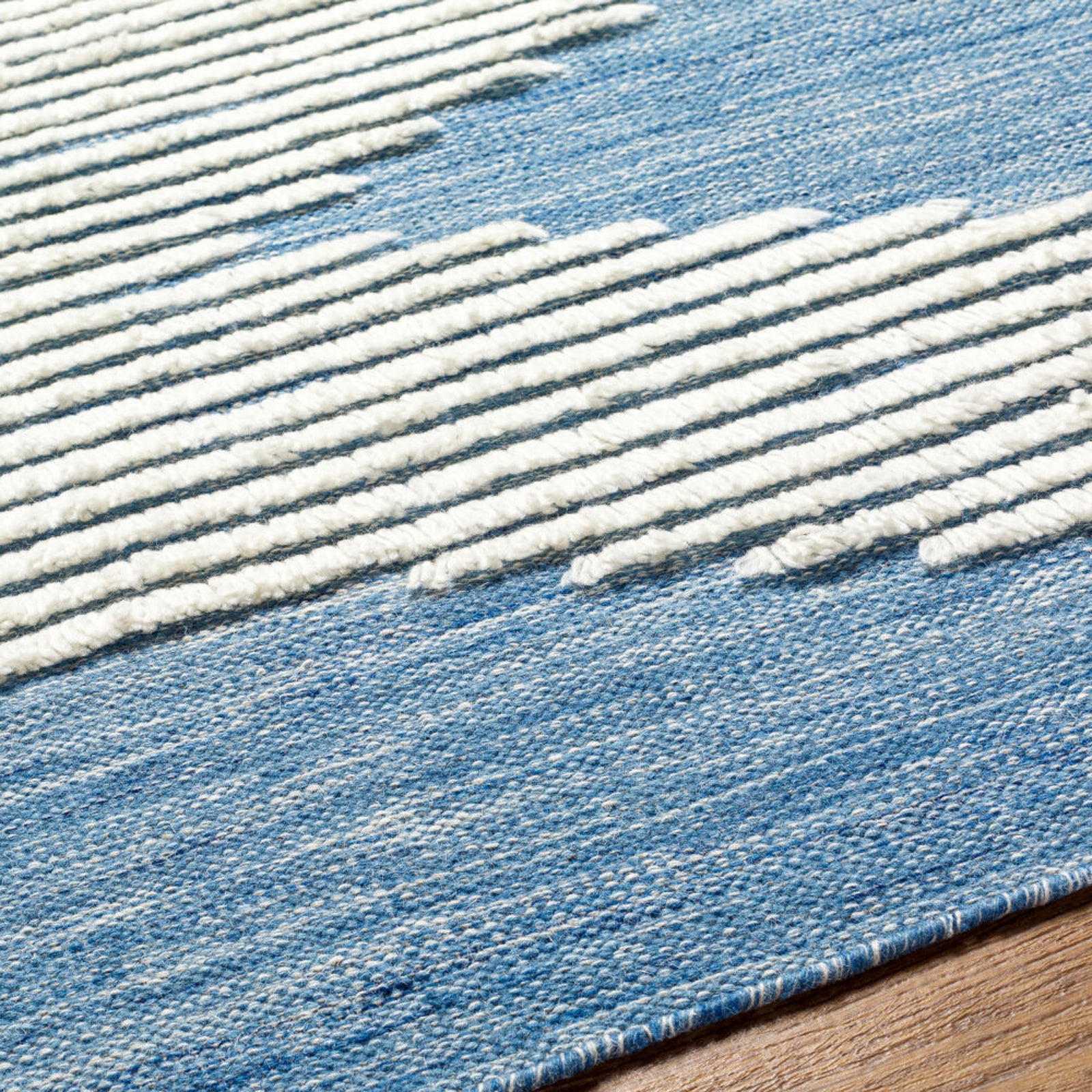 Hand-Woven Apache Cream and Bright Blue Wool Rug
