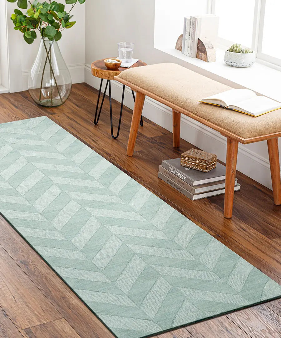 Hand Loomed Geometric & Stripes Central Park Green Wool Rug