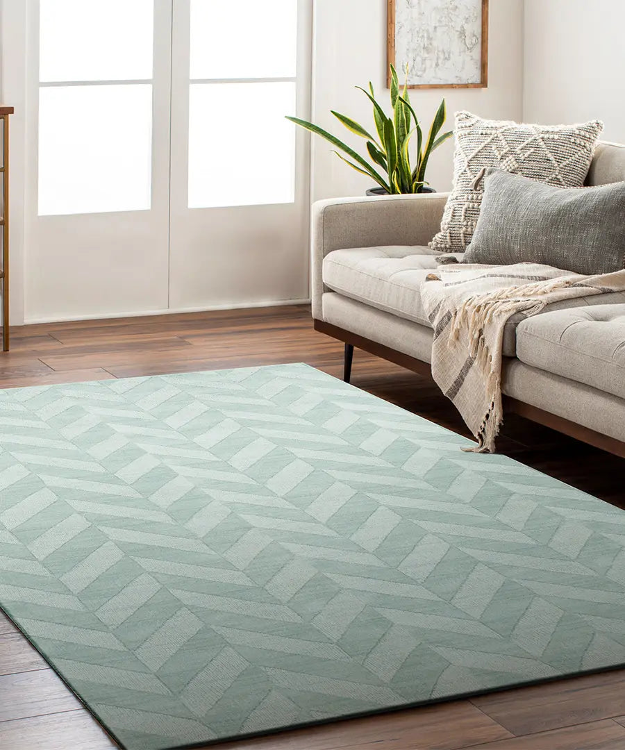 Hand Loomed Geometric & Stripes Central Park Green Wool Rug