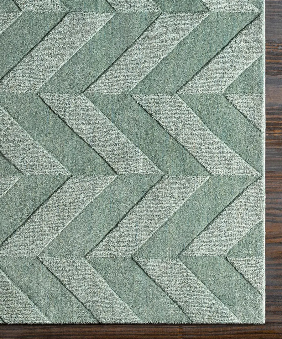 Hand Loomed Geometric & Stripes Central Park Green Wool Rug