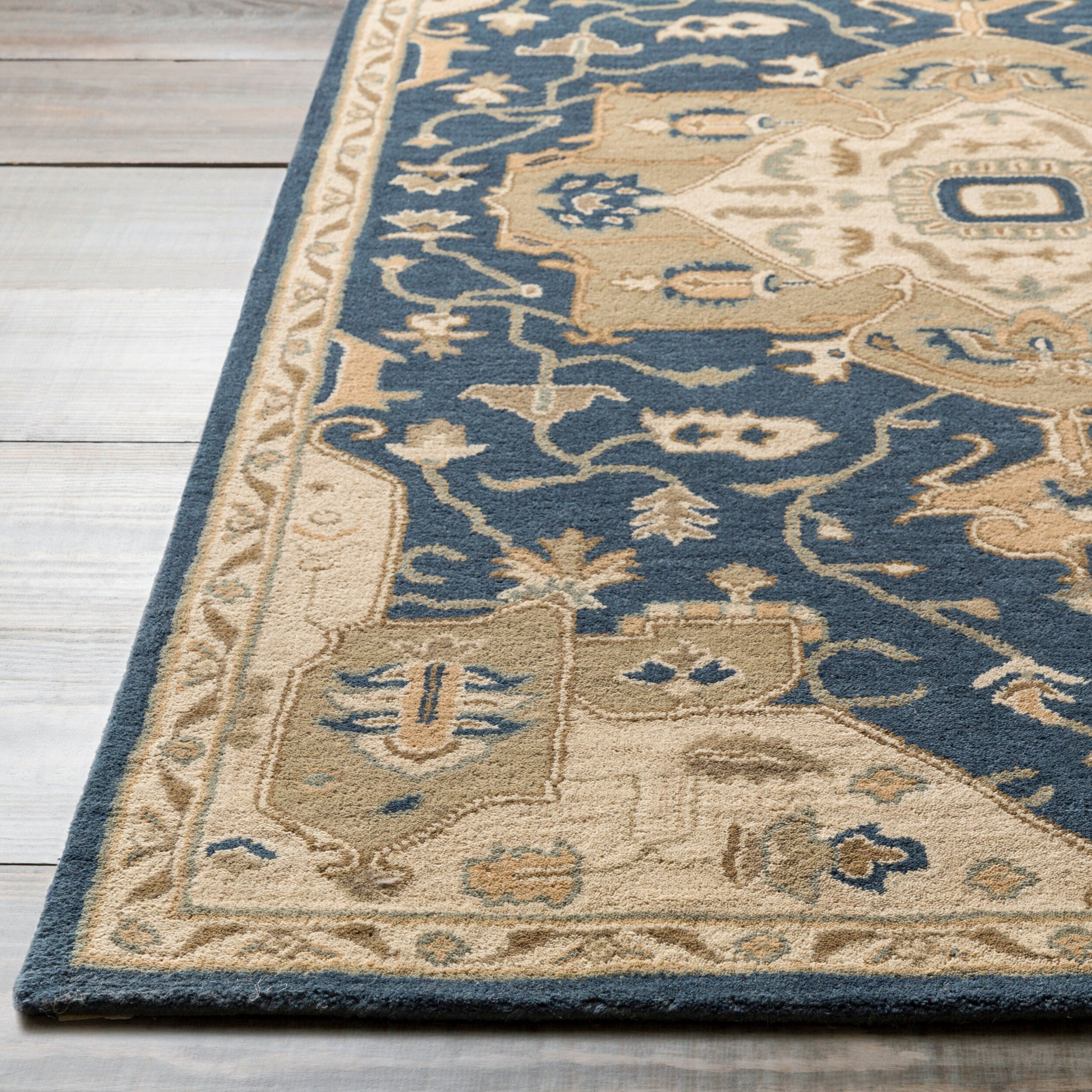 Caesar Hand-Tufted Wool Rug in Ink Blue, Rustic Heritage Design