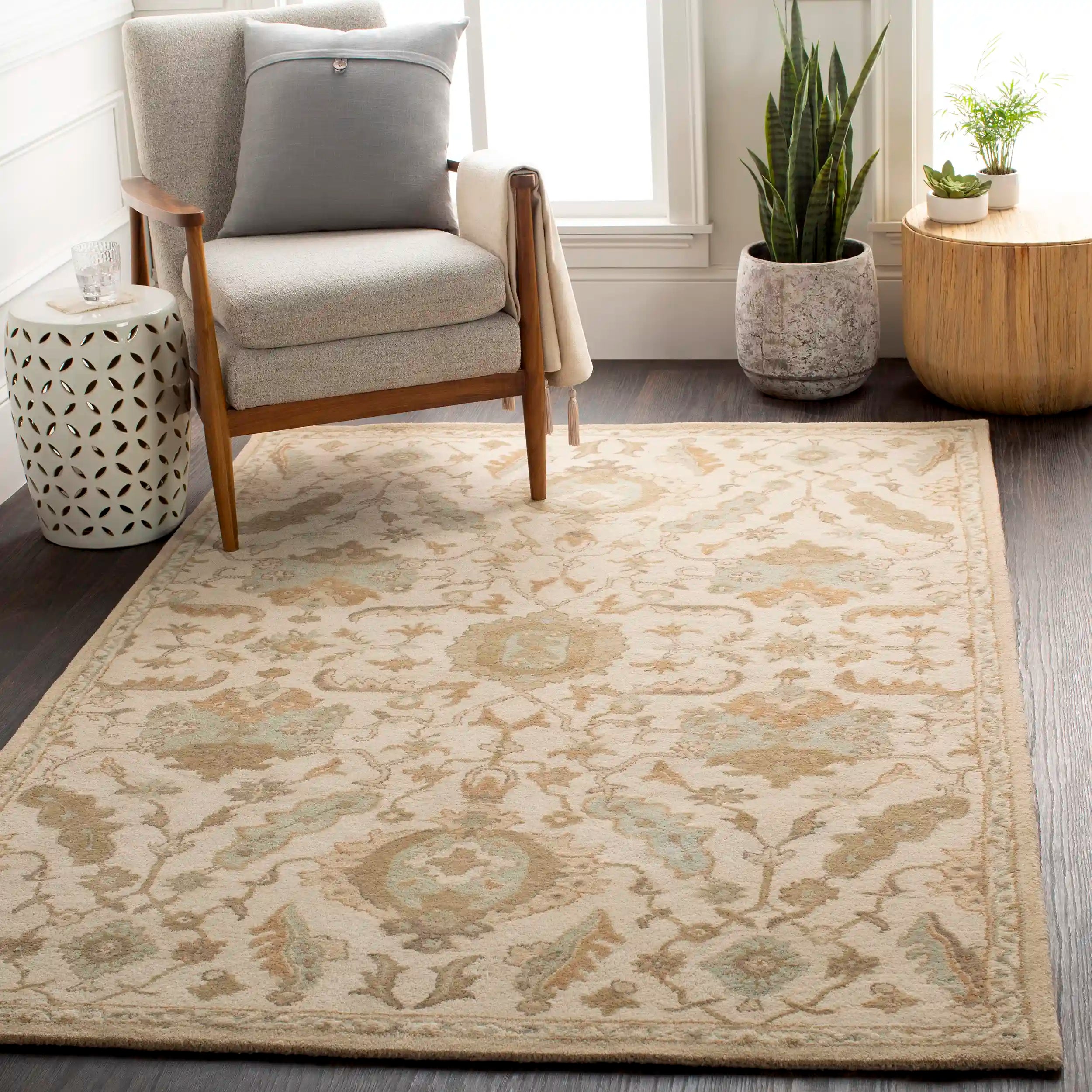 Hand Tufted Cesar Cream and Light Brown Wool Rug