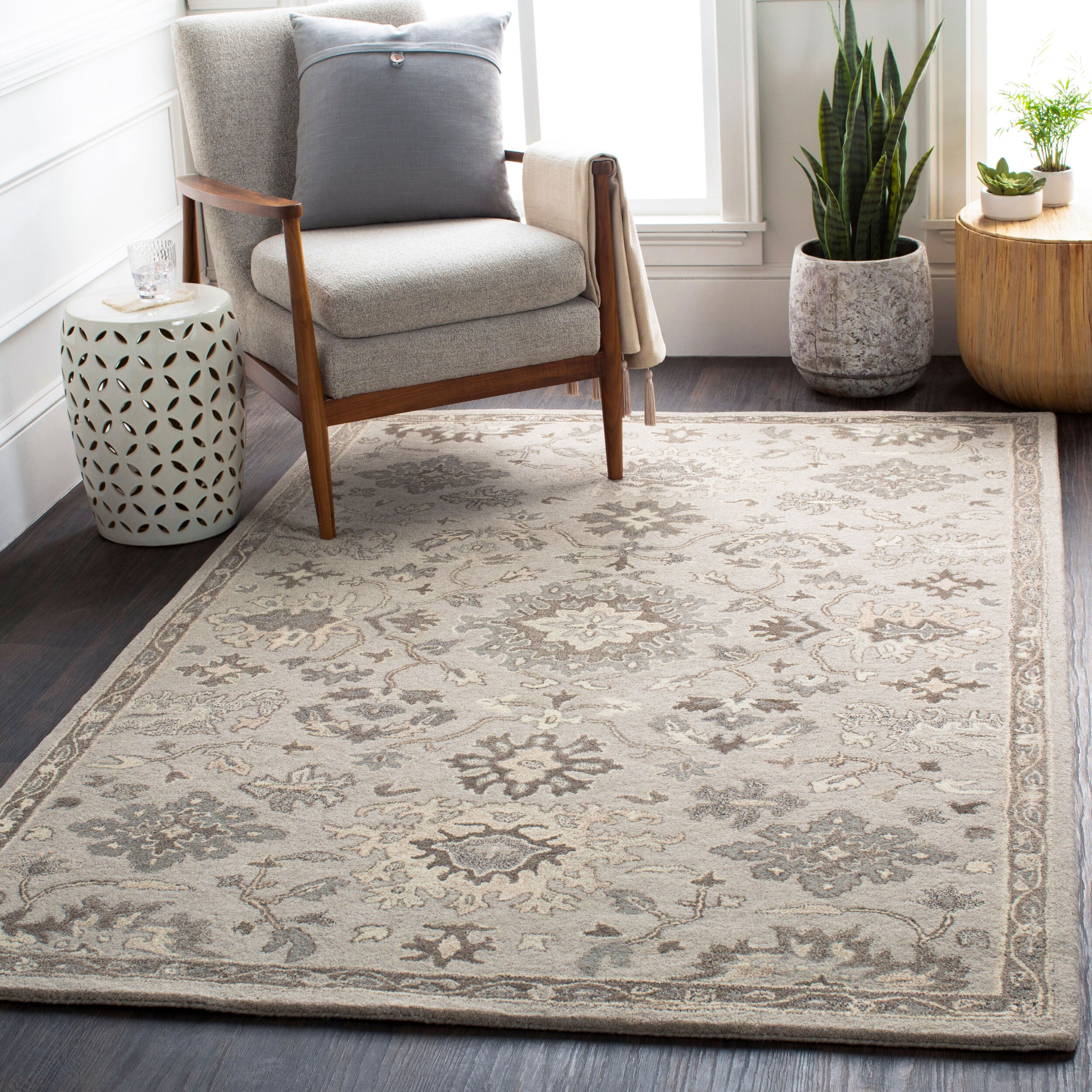 The Caesar Hand-Tufted Wool Rug in Charcoal, Traditional Design