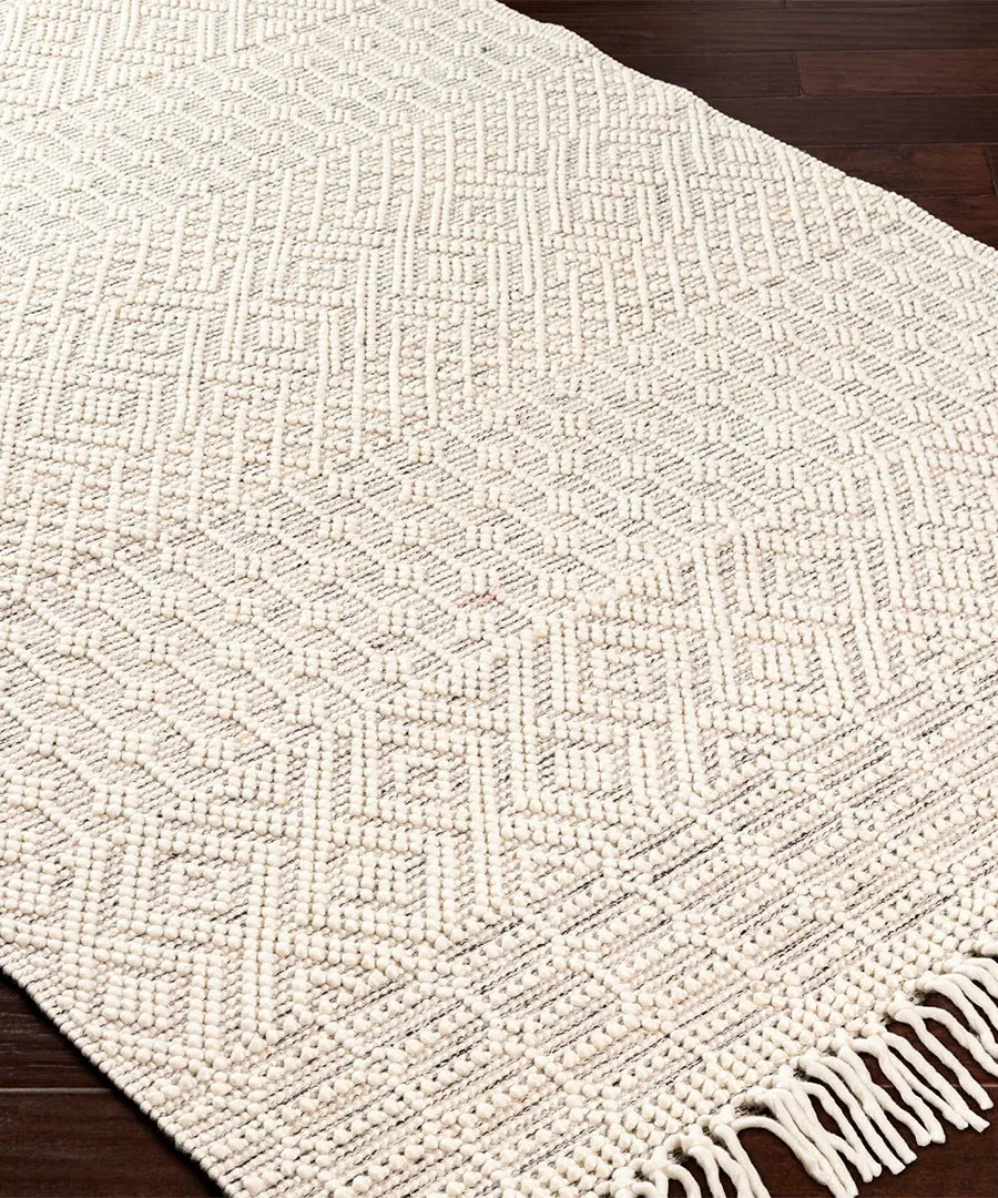 Hand Woven Geometric & Stripes Casa De Campo Ivory Wool Rug