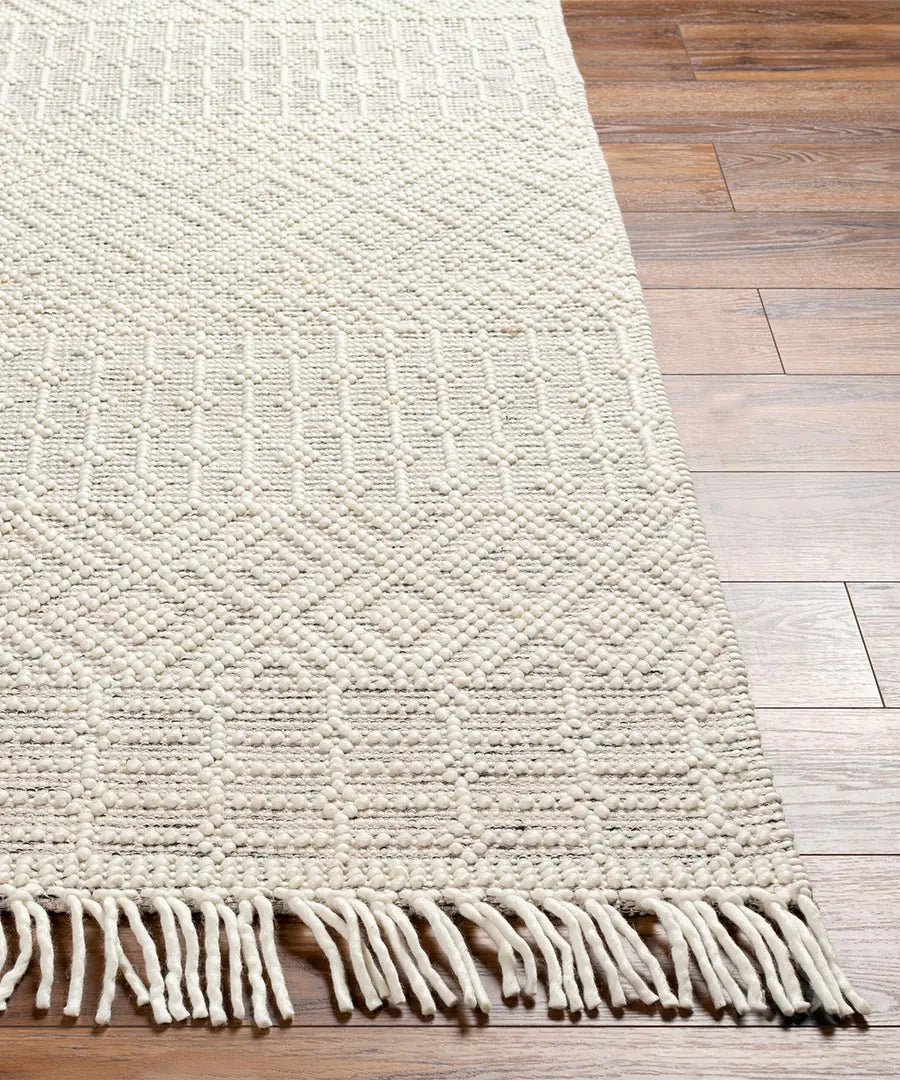 Hand Woven Geometric & Stripes Casa De Campo Ivory Wool Rug