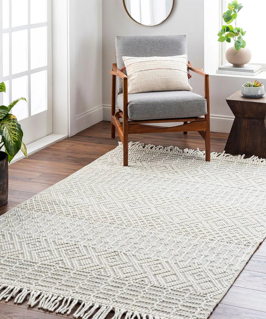 Hand Woven Geometric & Stripes Casa De Campo Ivory Wool Rug