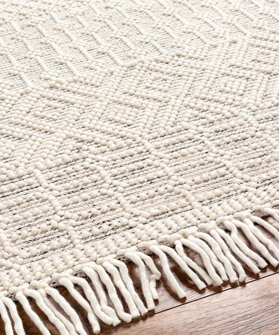 Hand Woven Geometric & Stripes Casa De Campo Ivory Wool Rug