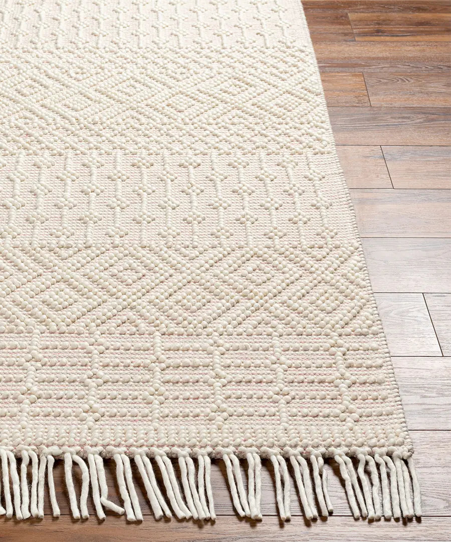 Hand Woven Geometric & Stripes Casa De Campo Beige Wool Rug