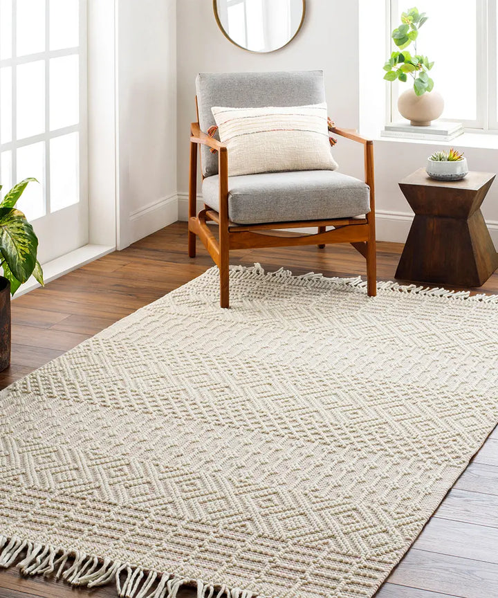 Hand Woven Geometric & Stripes Casa De Campo Beige Wool Rug