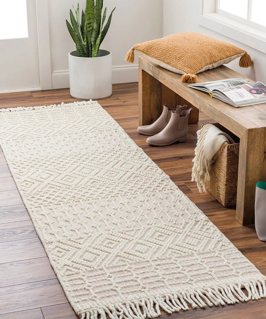 Hand Woven Geometric & Stripes Casa De Campo Beige Wool Rug