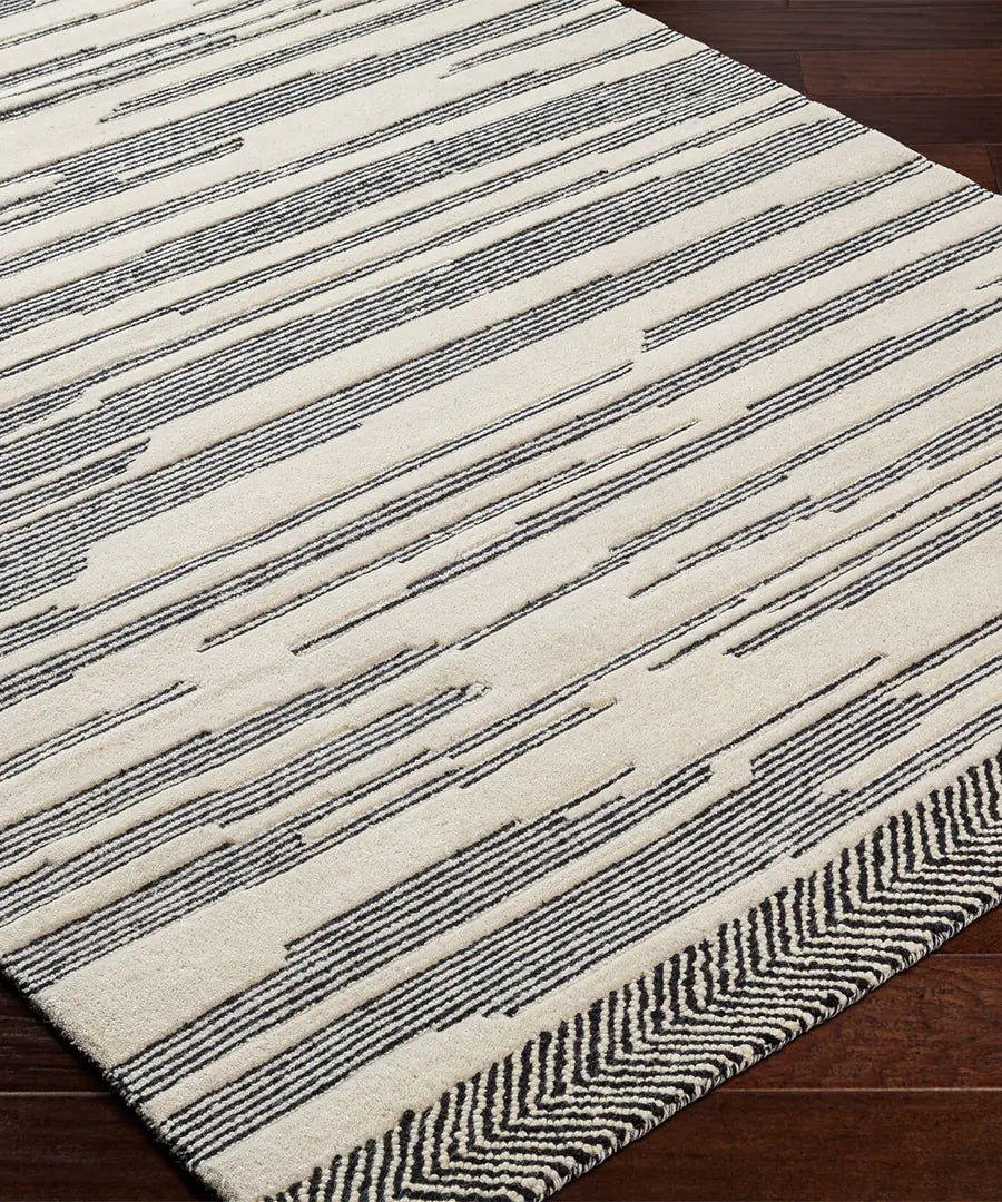 Hand Tufted Geometric & Stripes Cherokee Black Wool Rug