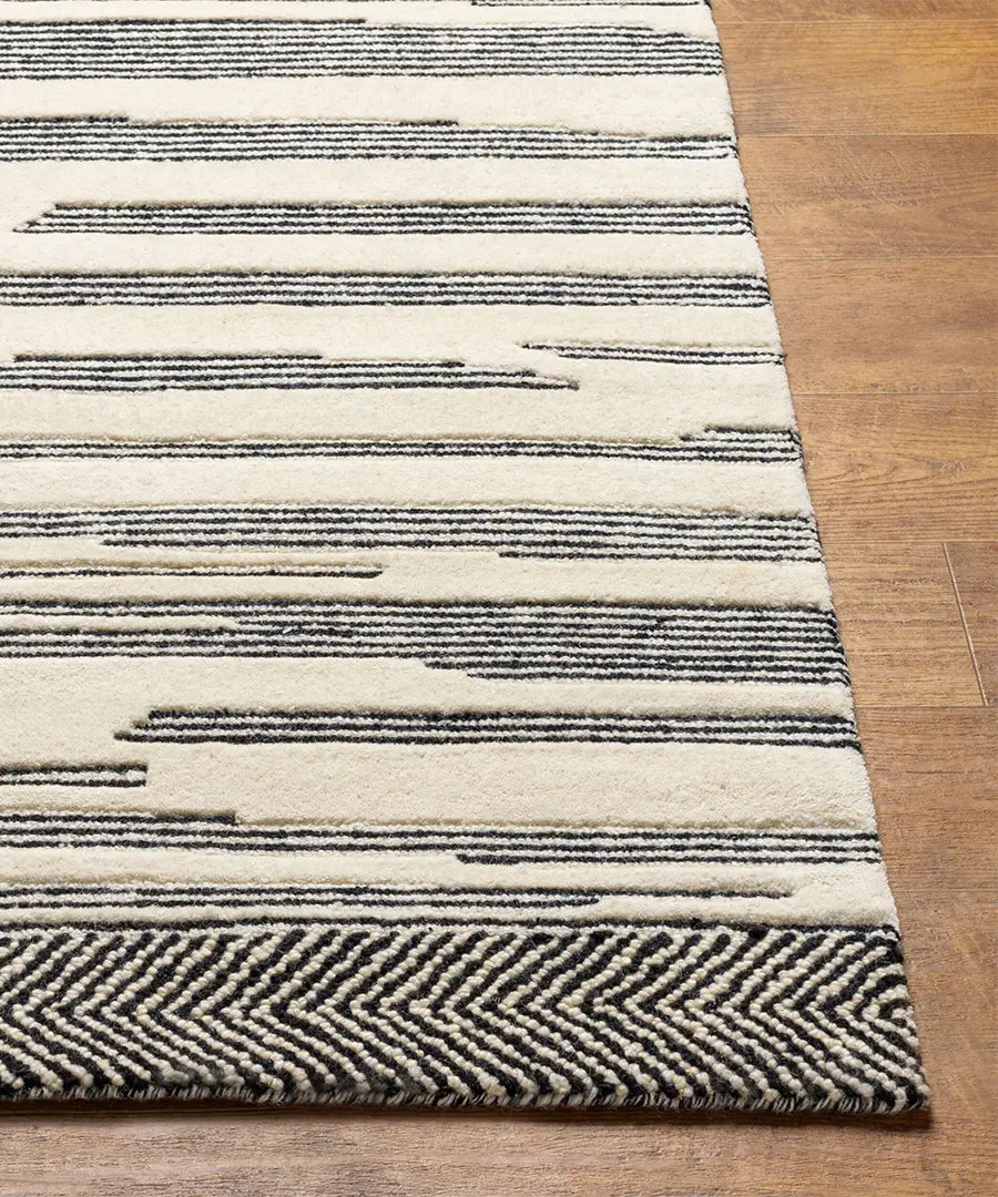 Hand Tufted Geometric & Stripes Cherokee Black Wool Rug