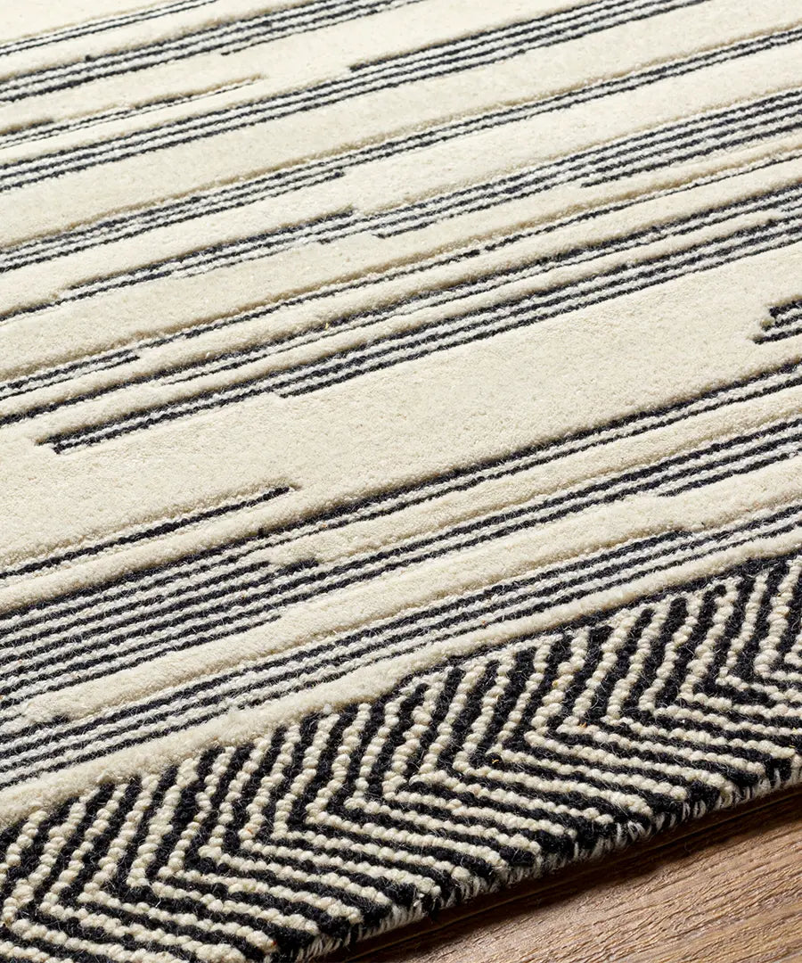 Hand Tufted Geometric & Stripes Cherokee Black Wool Rug