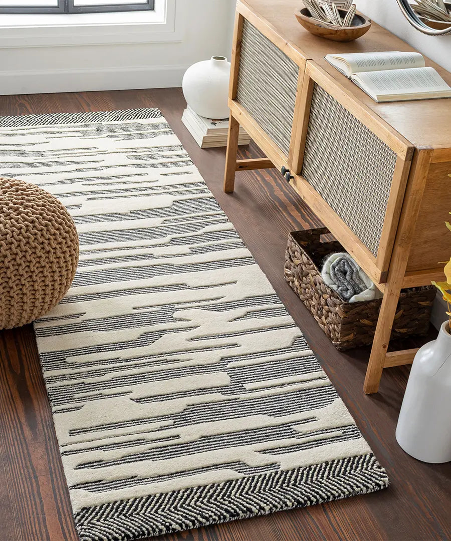 Cherokee Black Wool Rug Geometric Stripes Hand Tufted