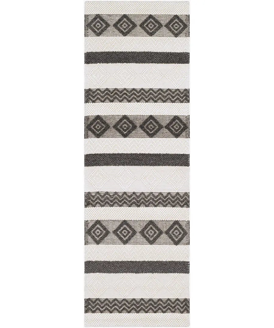 Hand Woven Geometric & Stripes Hygge Charcoal Wool & Polyester Rug