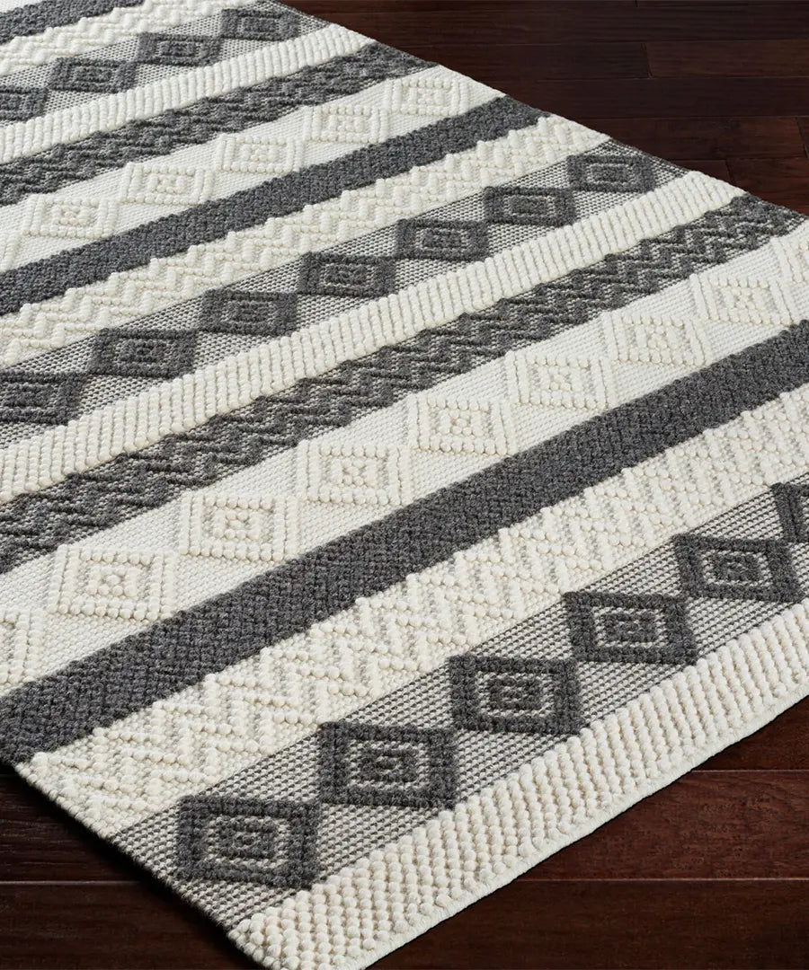 Hand Woven Geometric & Stripes Hygge Charcoal Wool & Polyester Rug