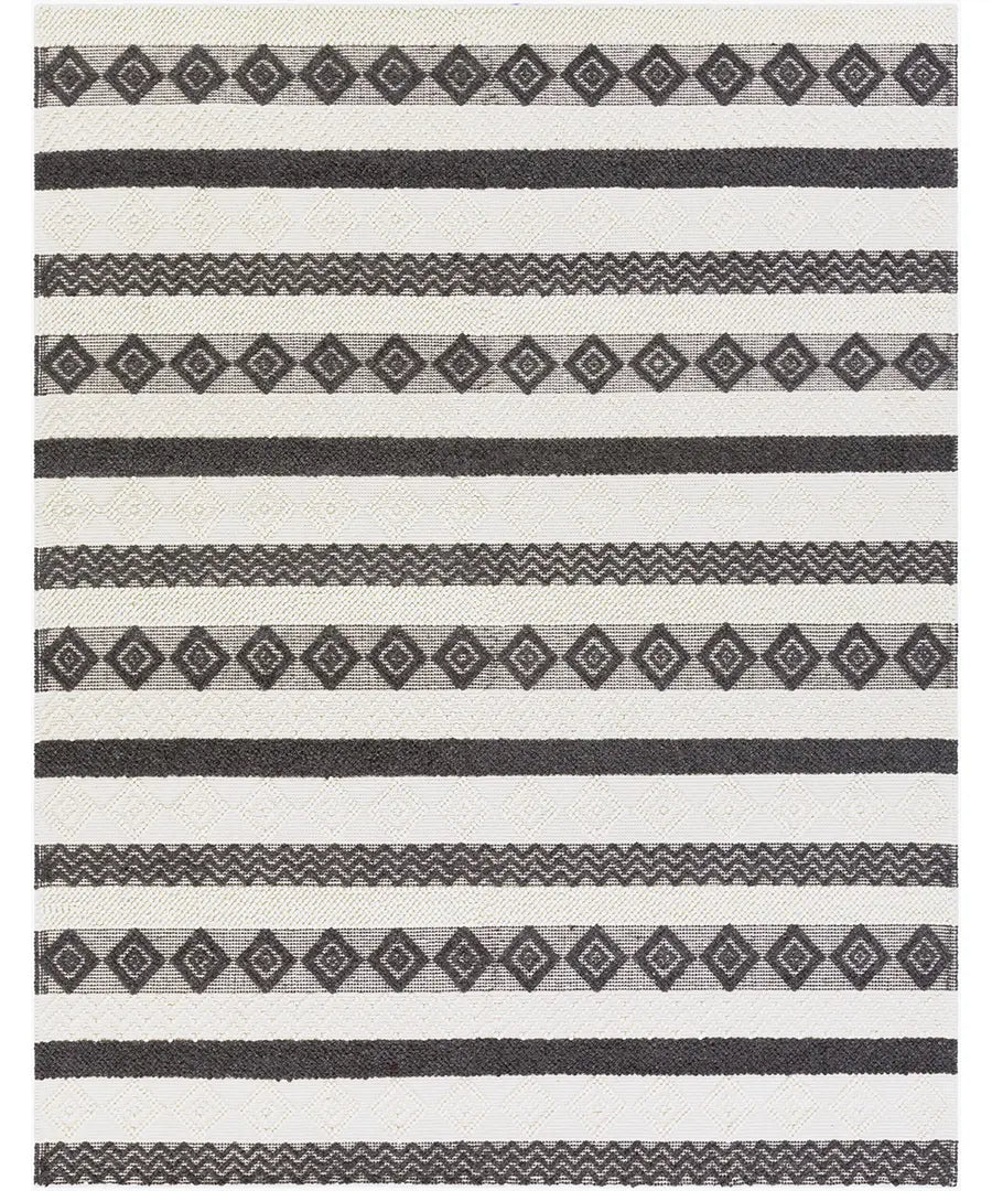 Hand Woven Geometric & Stripes Hygge Charcoal Wool & Polyester Rug