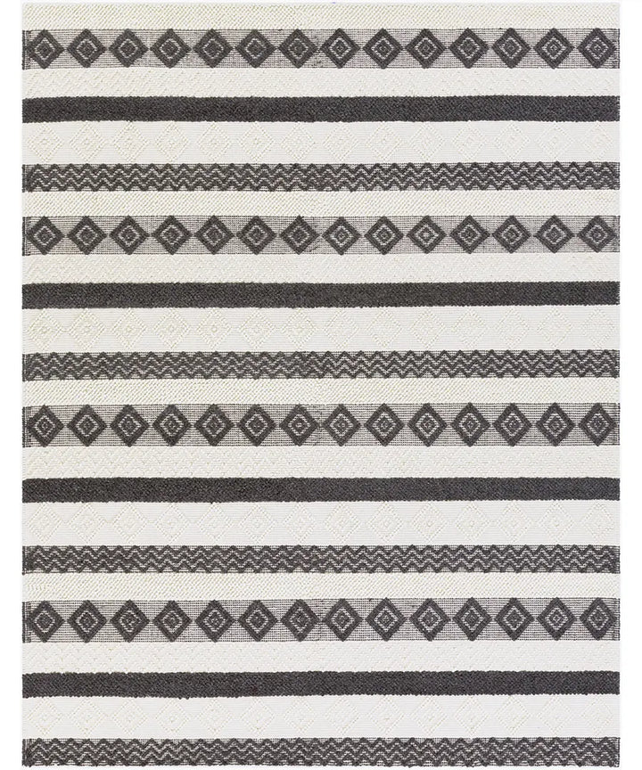 Hand Woven Geometric & Stripes Hygge Charcoal Wool & Polyester Rug